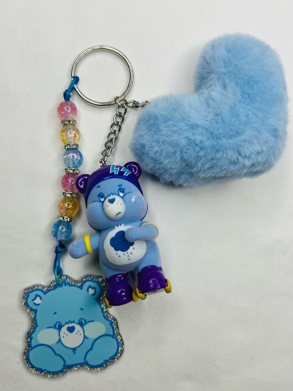 Care Bears Blue Plush Heart Keychain with Beaded Charm and Figure